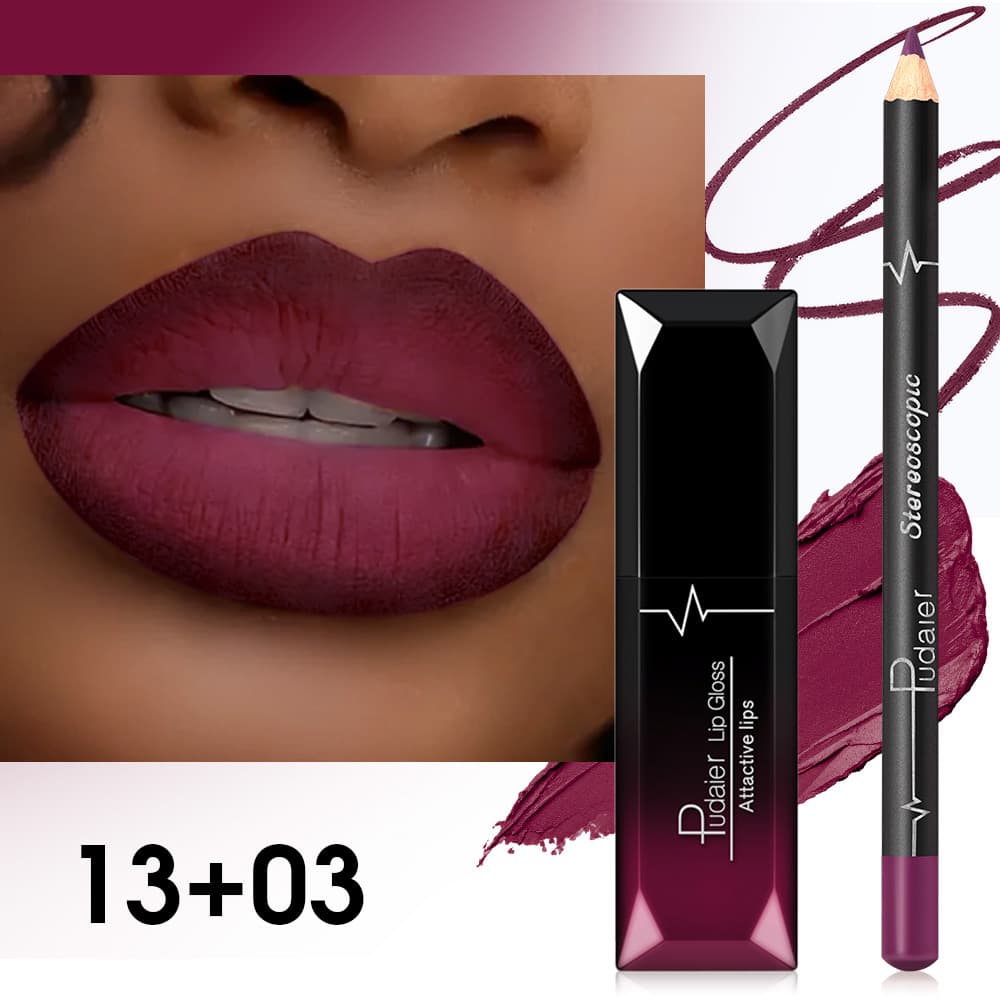 TEMU Pudaier Matte Lip Combo | Two-piece Lip Gloss Set - Waterproof Long-lasting Lip Liner, Matte Lipstick Lip Oil, Glossy Effect, Suitable For Types, Valentine's Day Gift