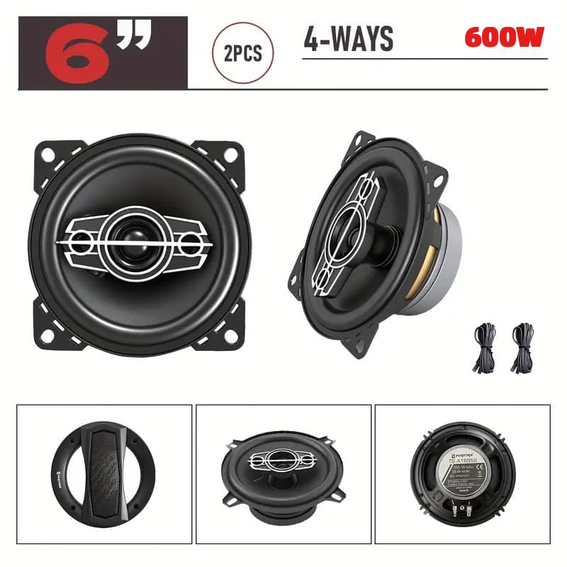 TEMU Set Of Car Audio Speakers Featuring 2 6-inch, 600w , 4-channel Full-range Coaxial Speakers. Come With Universal Mounting Holes For Installation And All Necessary Cables