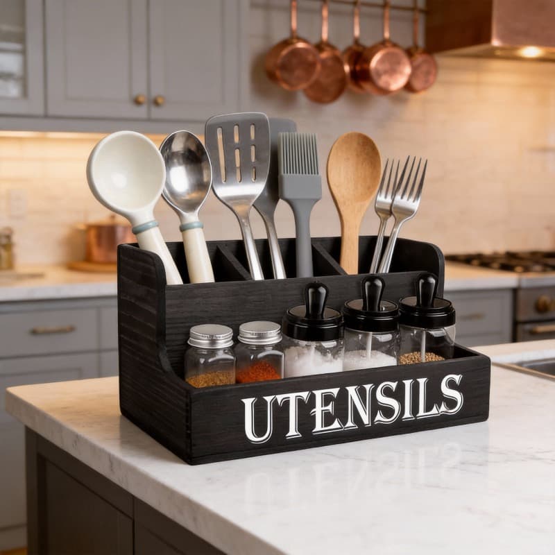 TEMU Large 4-slot Wooden Kitchen Organizer, White Countertop Storage Holder, Rustic Kitchen Utensil & Spice Rack,