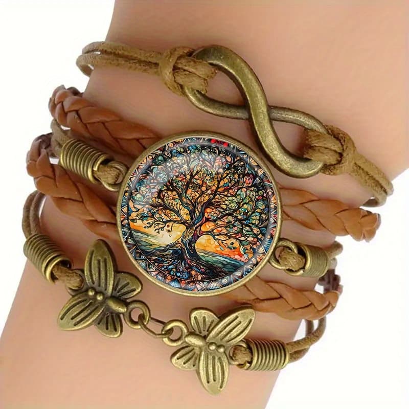 TEMU Adjustable Bohemian Mandala Infinity Bracelet - Fashion Accessory Made Of Faux Leather With A Painted Of , And Vitality. This Brown Braided Ideal For Casual Outfits Or As A Gift