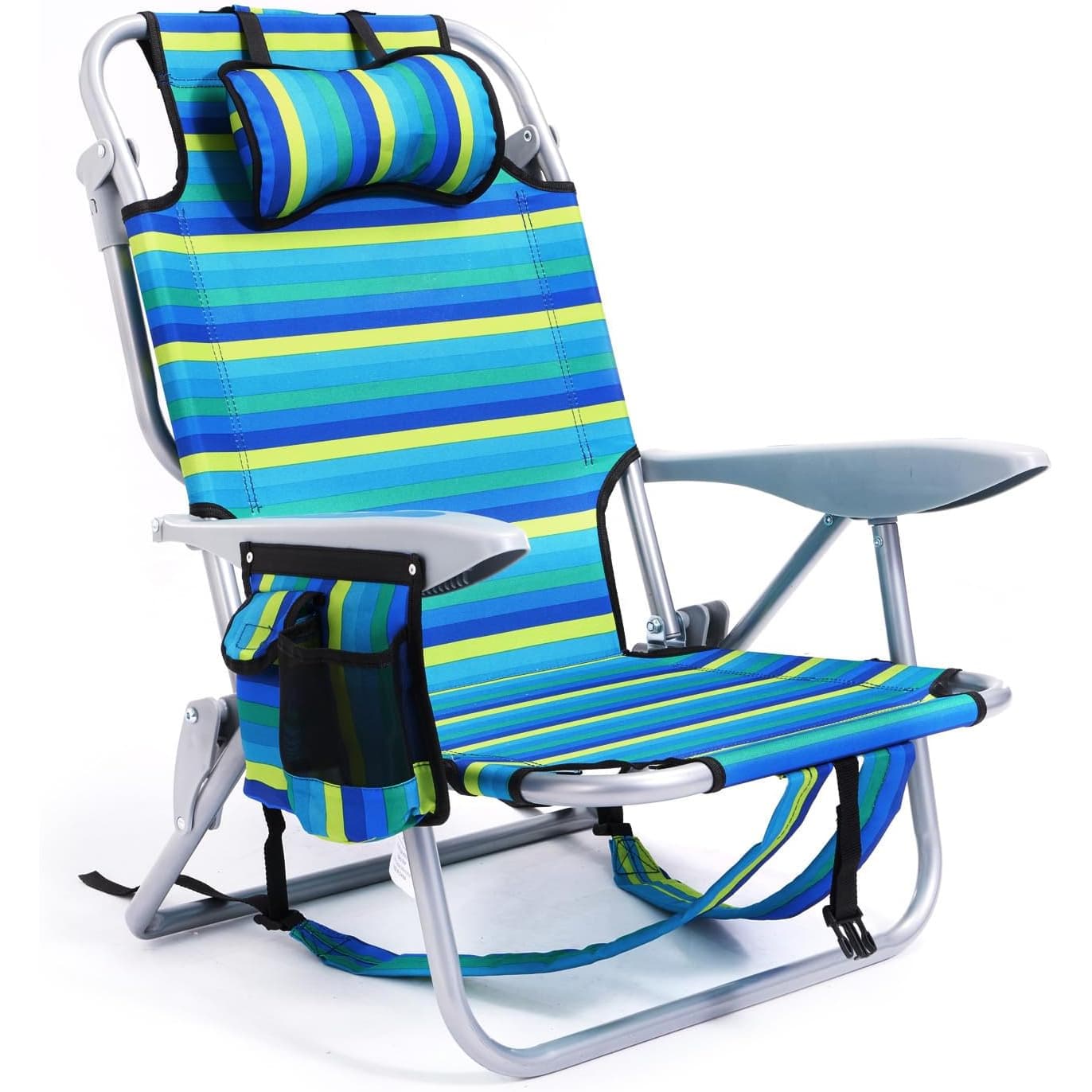 TEMU Portable Beach Chair For Adults- Reclining Camping Chair With Headrest& Cup Holder, Lightweight Foldable Design For Backpacking, Ocean Striped Pattern(heavy Duty)