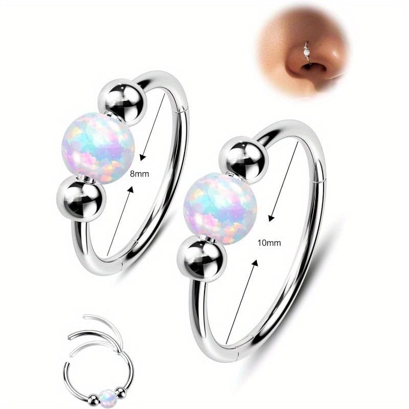 TEMU 2pcs 316l Surgical Steel Nose Rings Hoop 18g Opal Nose Rings For Women Septum Rings 8mm/10mm Nose Piercing Jewelry Cartilage Earring