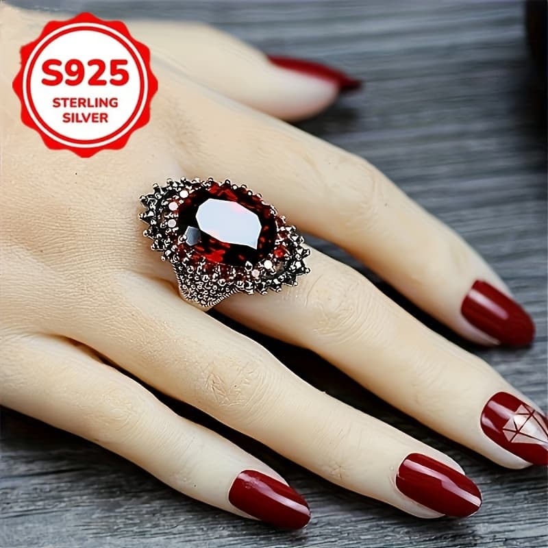 TEMU Retro Exaggerated Design Elegant Women's Fashion 925 Sterling Silver Inlaid With Ring Women's Proposal Promise Ring Birthday Party Anniversary Gift Cocktail Party Jewelry High-end Additions