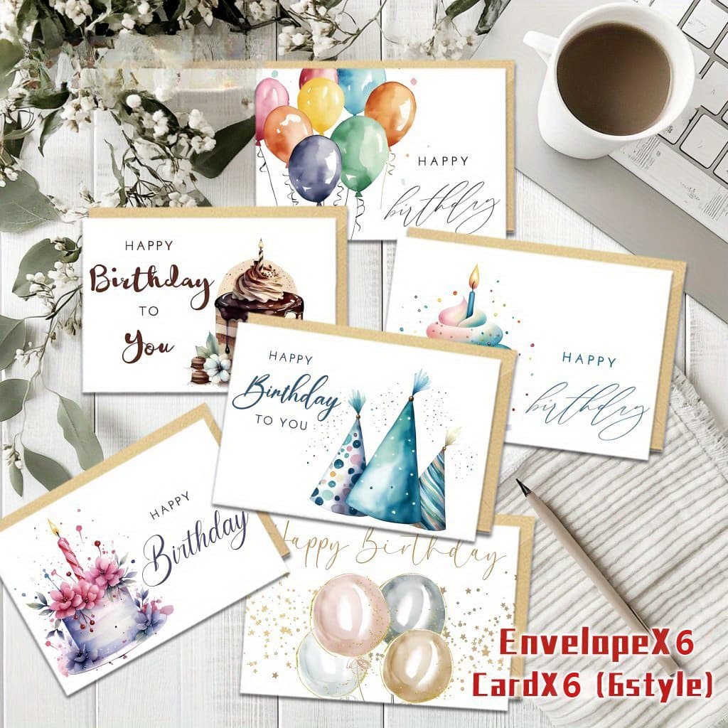 TEMU 12/24pcs Including Greeting Card Envelopes, Elegant Floral Birthday Cards - Vibrant Cake And , Perfect For Family, , Colleagues | All-occasion Cards With "happy Birthday" Message