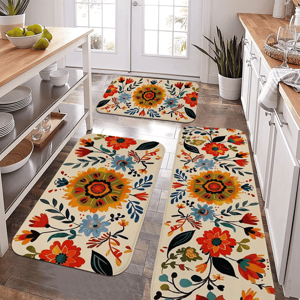 TEMU Product: Sponge Thickness: 1.2cm, Density: 18d 2/3pcs Mat, Red Floral Pattern Kitchen Mat - Non-slip Indoor Mat, Fleece Material, Suitable For Kitchen, Living Room, , Decoration