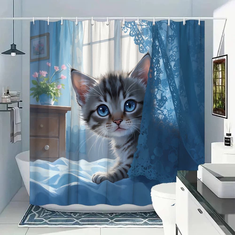TEMU 1pc Tabby Kitten Peeking Through Blue Curtain Bath Curtain Funny Animal Decoration For Bathtub 70.8x70.8inches With 12 Hooks