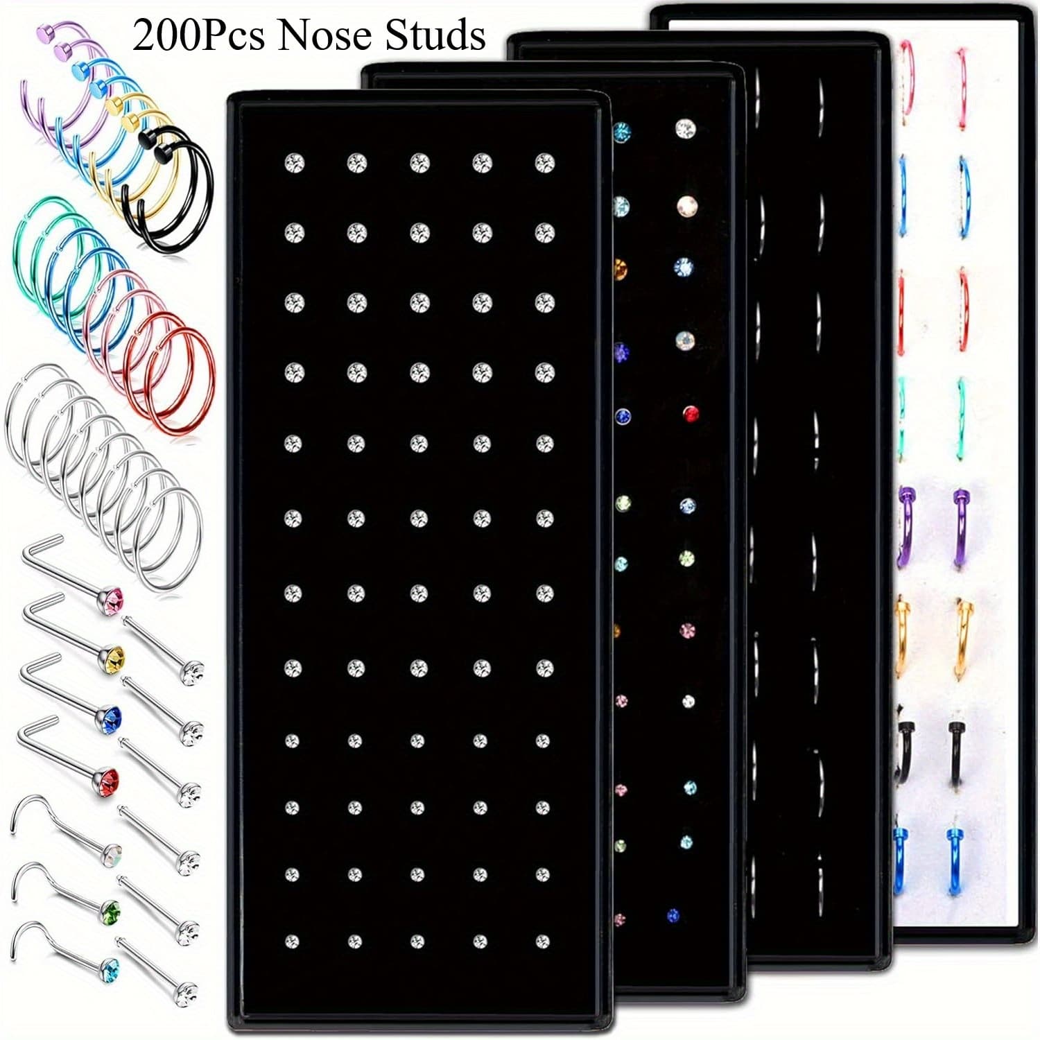 TEMU Steel 200pcs Of 316l Stainless Steel Nose Ring Stud Set For Women And Men, Featuring 20g/22g Nose Hoops, L-shaped Screw Bone Nose Studs, And Nose Piercing Jewelry In Sizes 1.5mm, 2mm, And 2.5mm