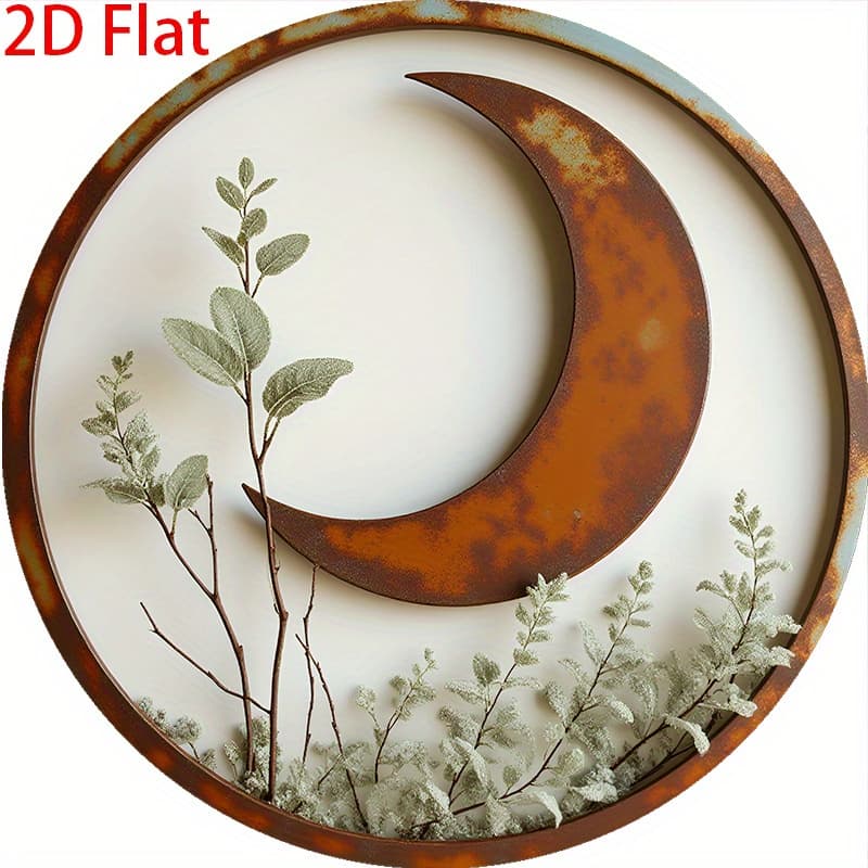 TEMU 2d Flat, 1pc Vintage & Eucalyptus Leaf Metal Wall Art - Rustic Round Iron Sign With Distressed Orange Finish, 20.32x20.32cm, Home, Kitchen, Garden, Bar, Cafe, Garage Decor, Moon Decor, 2d Flat