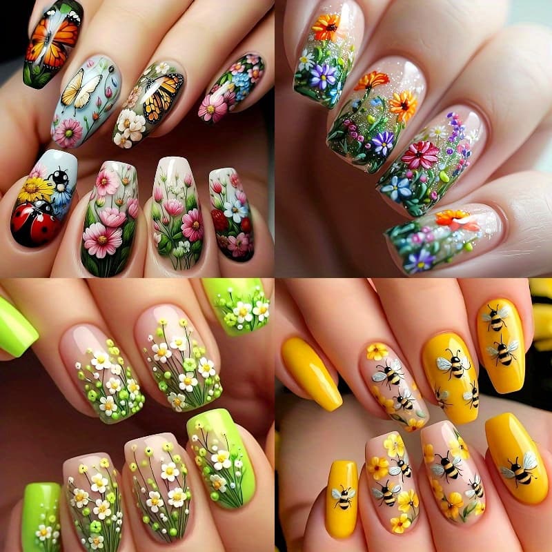 TEMU 96pcs (4pcs) Ballet Shaped Press On Nails - Floral & Spring Summer Glossy Acrylic False Nails With Glue, Medium Length Full Cover For Women, Bling Press On Nails, Nail Art, Detailed Nail Art,