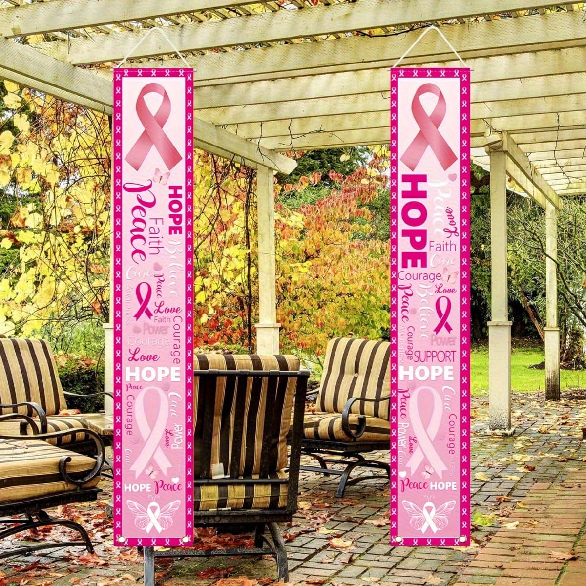 TEMU 2pcs Pink Breast Awareness Banners With Design - " , Faith, " Message, Hanging Outdoor Decor For Porch, Garden, Or Patio, 179.83x30.48cm, Polyester Material, Breast Awareness Items
