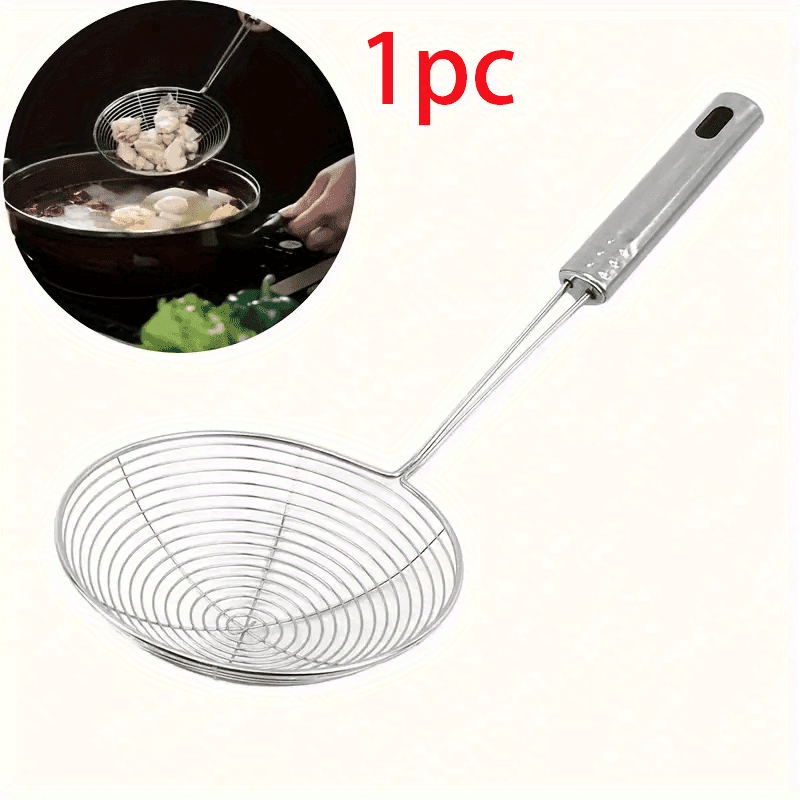 TEMU 1pc Durable Stainless Steel Filter Spoon With Handle - Wire Skimmer For Cooking, Frying, And Kitchen Use, Suitable For Kitchens And Dining Rooms
