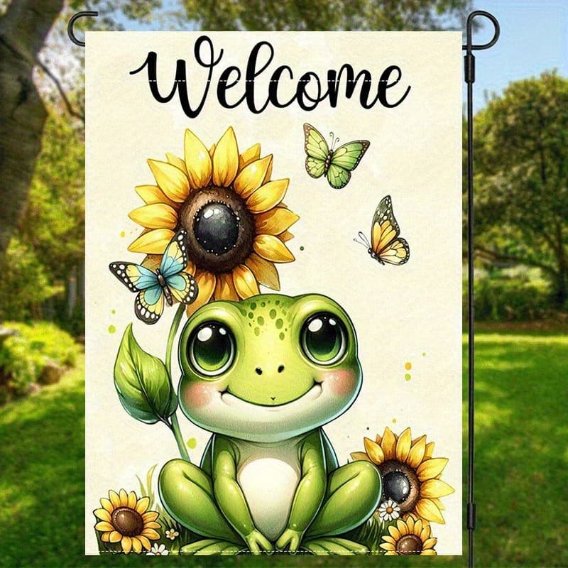 TEMU 2d Flat, 1pc Cute Frog Flag With Sunflowers And Butterflies- Polyester Double-sided Outdoor Lawn Flag For Multipurpose Use, 30.48x45.72cm 2d Flat Zztm06, 2d Flat