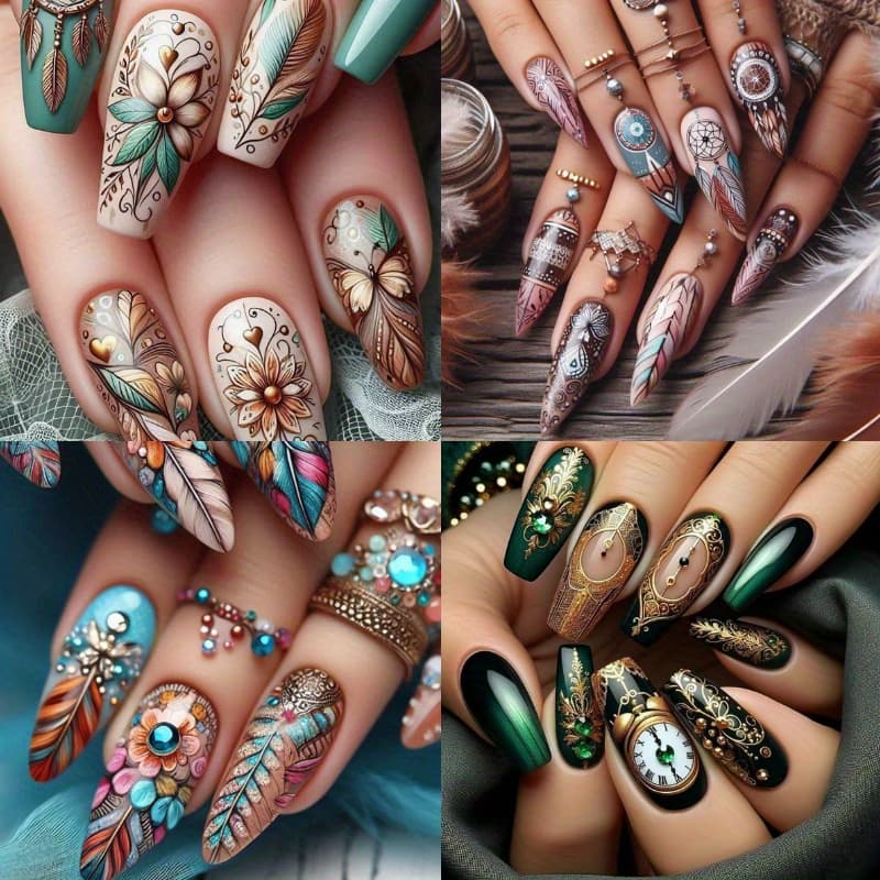 TEMU 96pcs (4-pack) Mixed Color Mandala Patch Nails, Retro Feather Almond Shape, Bohemian Style Glossy End, Suitable For Women During Mid To Long Holidays, Daily And Party Use