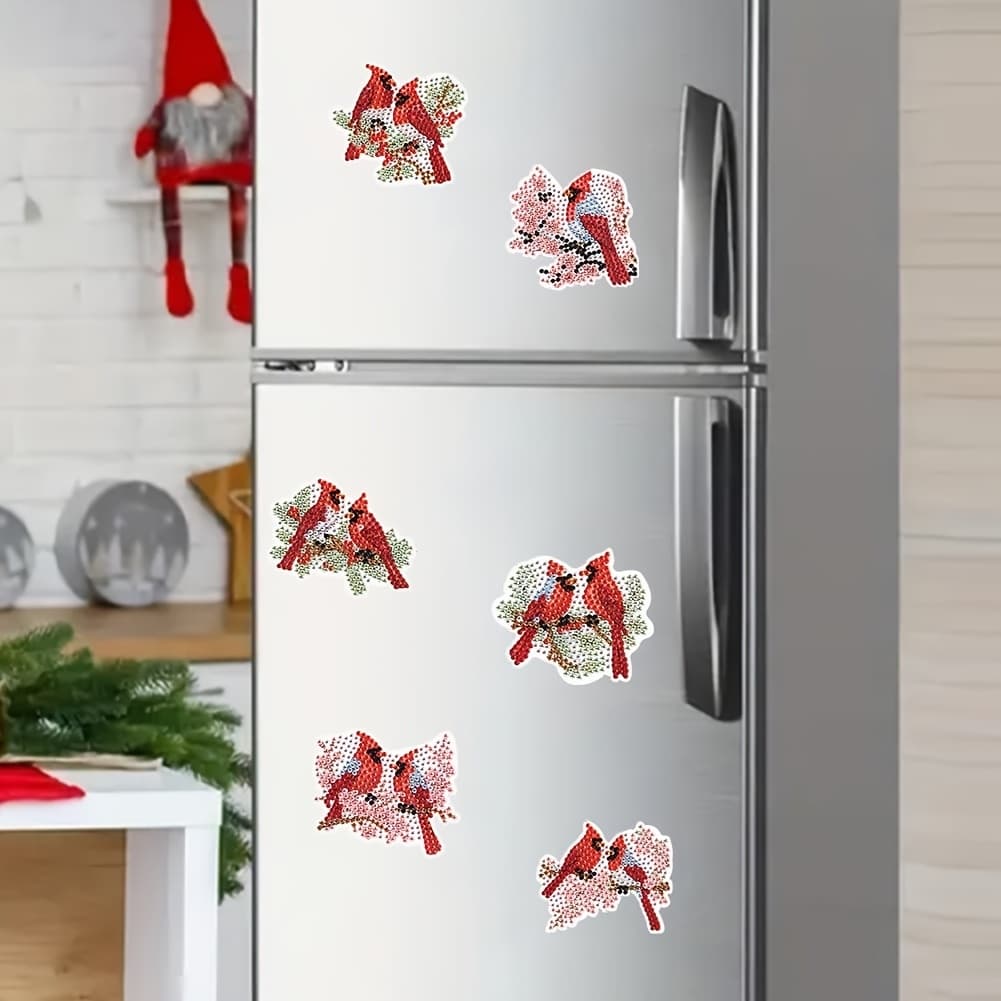 TEMU 6pcs Magnetic Red Bird Kit Suitable For Beginners, 5d Round Craft With Pet Magnetic Tiles, Refrigerator Magnets For Fridge Decoration, Bird-themed Wall For &, Assembly For Decor, 2d Flat
