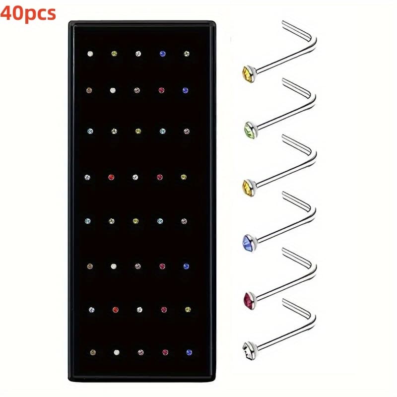 TEMU 40pcs Stainless Steel L Shape Colorful Nose Rings Bohemian Colorful Zirconia Nose Stud Nostril Body Piercing Jewelry Set Cartilage Tragus Daith Earrings Body Piercing Jewelry