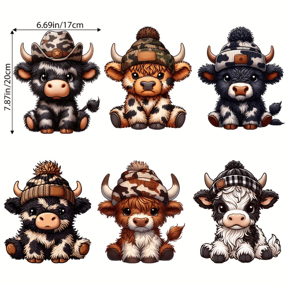 TEMU Set Of 6 Adorable Highland Cow Iron-on Patches, Trendy Stickers For T-shirts, Jeans, Masks, And Backpacks - Paper Transfers Featuring A Sturdy Applique Design