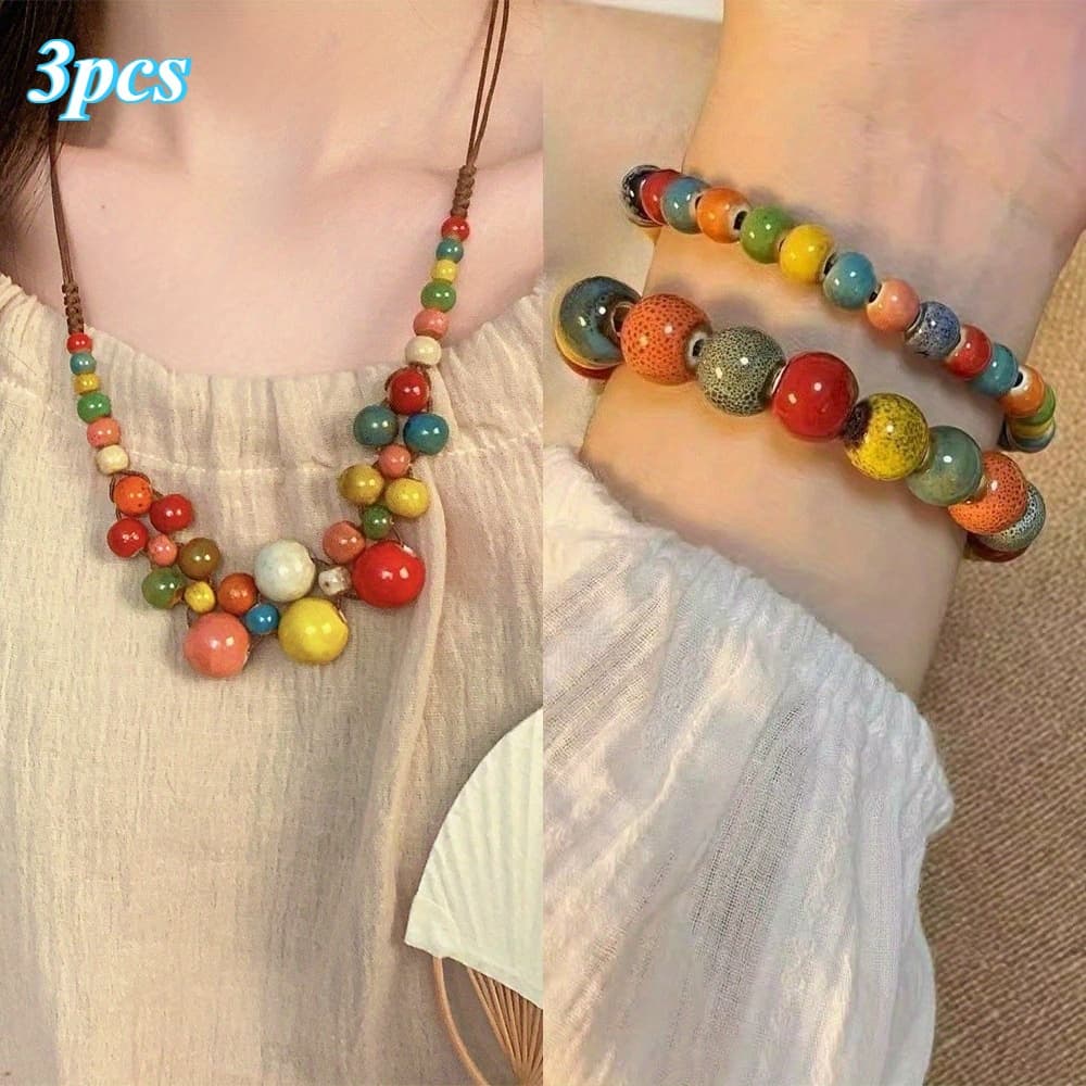 TEMU A Vibrant Jewelry Set Featuring A 3pcs Bohemian Style Necklace And Bracelet, Made With Ceramic Beads That Have A End And A Shiny Surface, Perfect For Summer Beach Vacations And