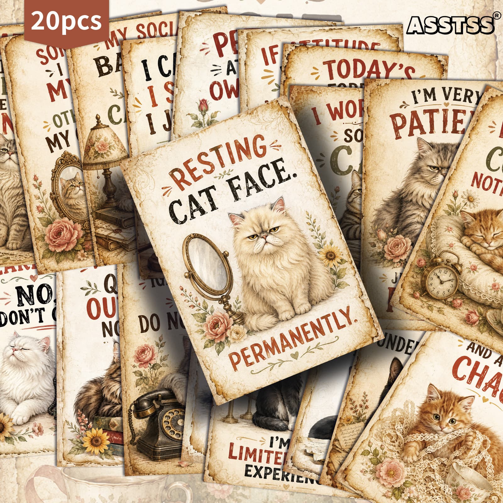 TEMU 20-pack Asstss Vintage Aloof Kitten Postcards - 4x6 Inches Retro Junk Journal Supplies, Classic Pinup Illustrations Collectible Decorative Painting Cards For Scrapbooking And Crafting