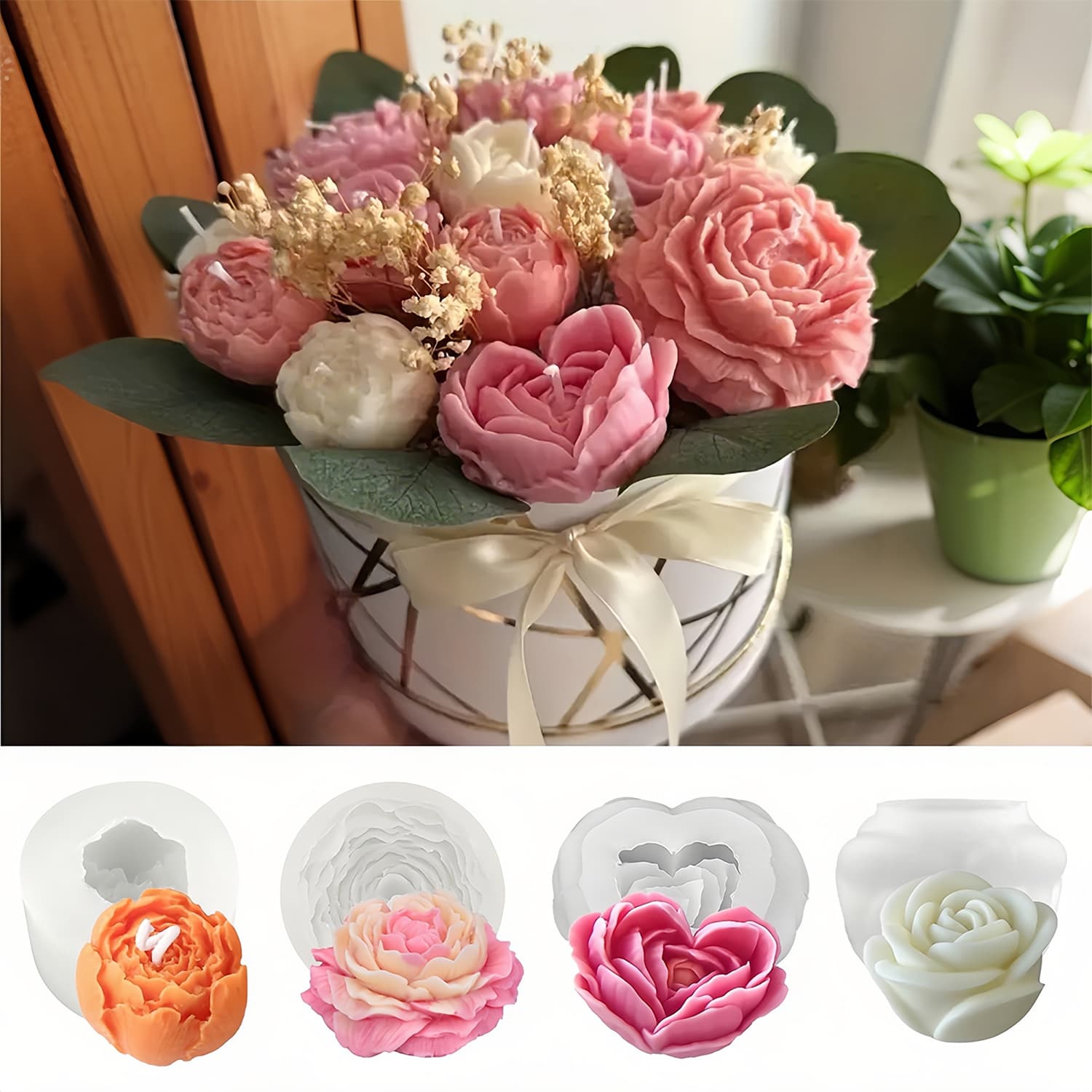 TEMU 4pcs Flower Silicone Mold Set - Peony, Rose, Heart Flower And Molds For Scented Candles, Clay And Gypsum Crafts | Series For Decor, Wedding Decorations And Gift Making (valentine's Day, , Easter