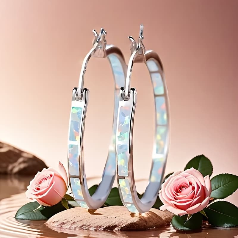 TEMU 1 Pair Plated Hypoallergenic Hoop Earrings Set With Opal Bohemian Elegant Female Earrings