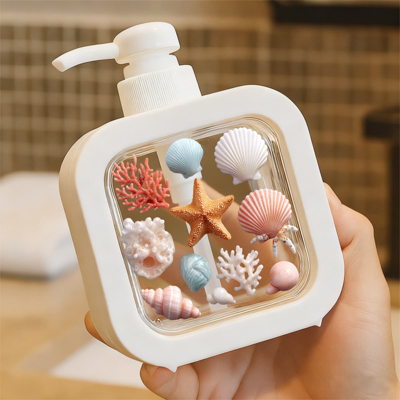 TEMU Marine Theme Seashell Starfish Coral Pattern Soap Dispenser - Ideal For Bathroom Kitchen Sink, Home Office Countertop, Liquid Container, Easy To Clean, Elegant Decorative Accessories