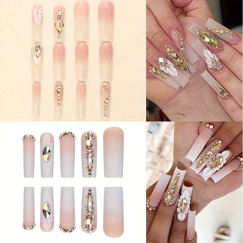 TEMU 48pcs(2pcs) Super Rectangular Pressed Acrylic Jelly Flower Fake Nails With 3d Flower And Sparkling Glitter Design, French Ballet Fully Enclosed Pink Fake Nails For Women