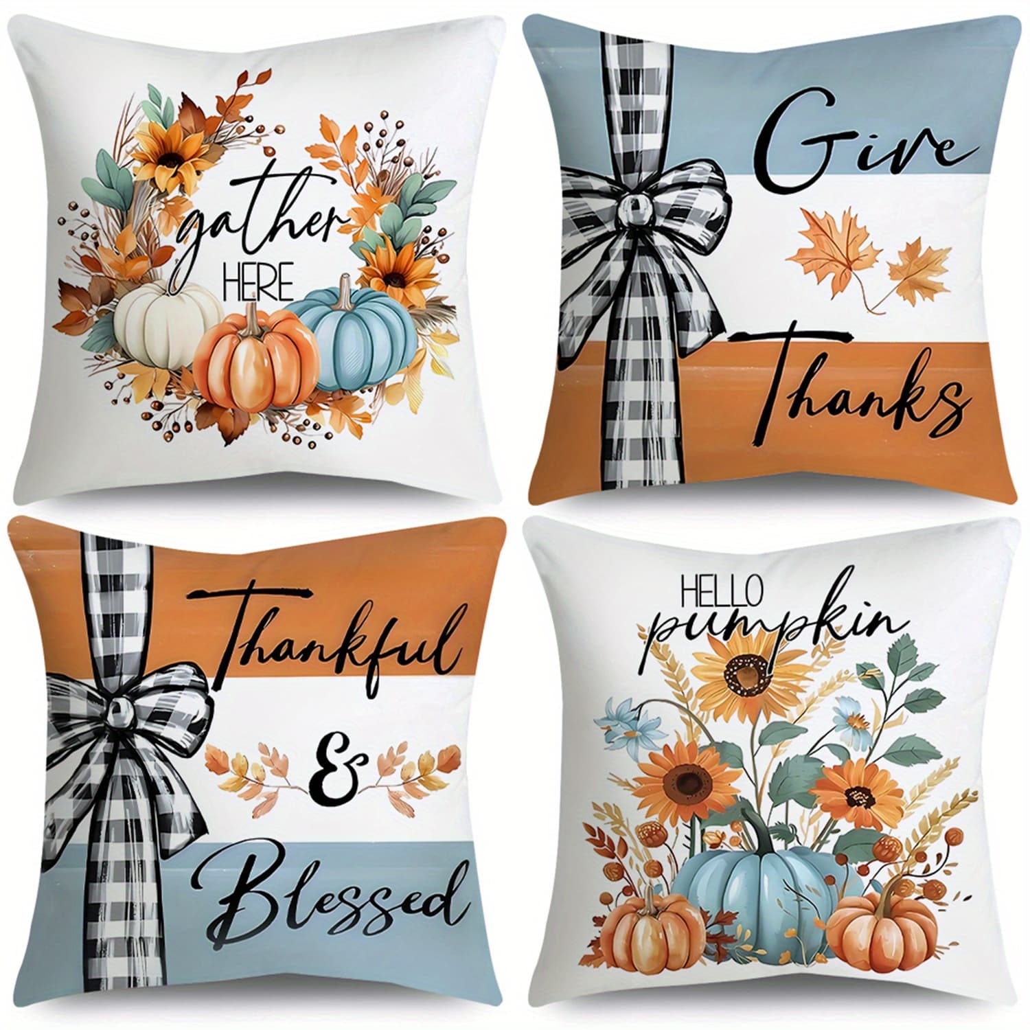 TEMU 4pcs Thankful & Blessed Throw Pillow Covers Plaid Pumpkin Wreath Leaves Fall Farmhouse Thanksgiving Day Decorative For Bedroom Sofa Couch