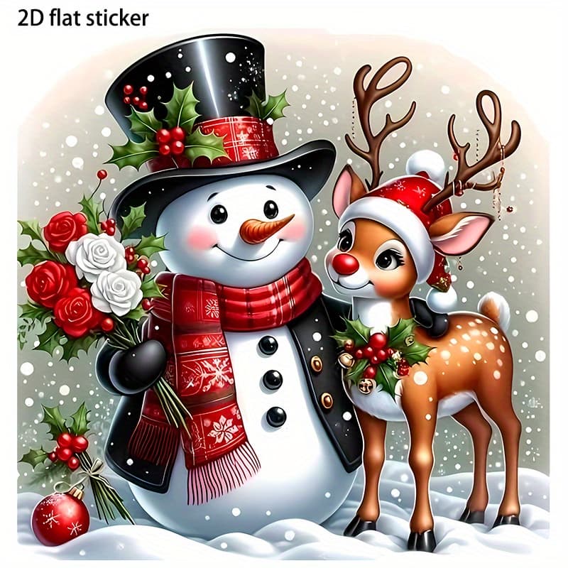 TEMU 2d Flat Sticker Snowman And Spotted Deer Vinyl Sticker, Suitable For Cars, Laptops, Mobile Phones, Windows, Walls, Glass, Decorative Sparkling, Disposable - Adhered To Glass, Metal, Ceramic