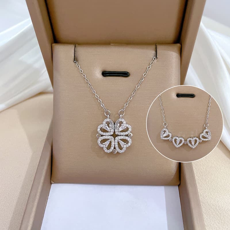 TEMU Women's Heart Zirconia Double Layer Necklace | Sparkling Silvery Tone, Elegant And Boho Style, Stainless Steel, Suitable For Daily And Party Occasions