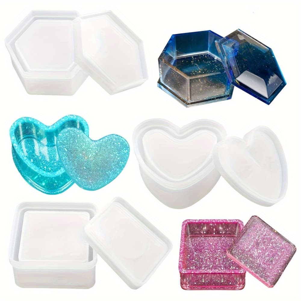 TEMU 3pcs Epoxy Resin Molds, Silicone Resin Molds For Jewelry Box, Heart & Square Shapes, Containers Molds For Diy Craft Making Tool