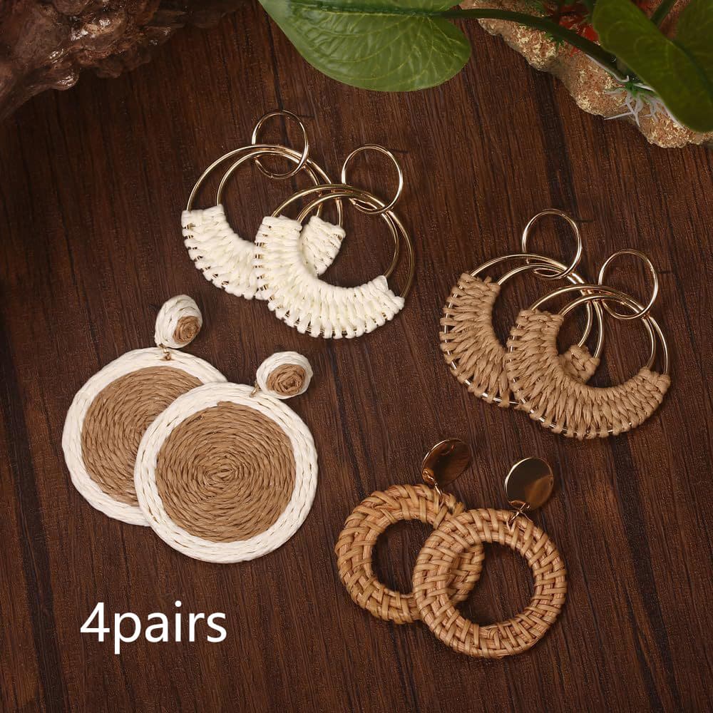 TEMU 8pcs/ 4pairs Bohemian Hand Woven Circle Earrings. Plated Minimalist Retro Style Grass Woven Earrings. Fashion Women's Jewelry Accessories. Photo Props. Suitable For Travel, Parties, And