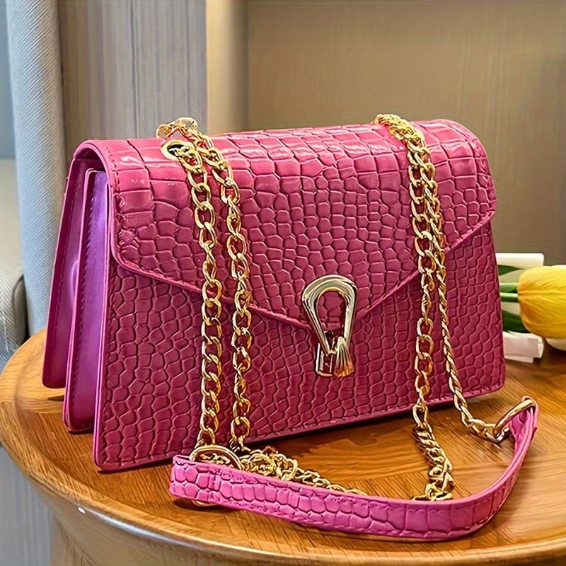 TEMU Stylish Handbag For Women Featuring A Metal Closure And A Chain For Crossbody Wear, In Rose Red With A Polyester Lining. Ideal For Everyday Use And Formal Events