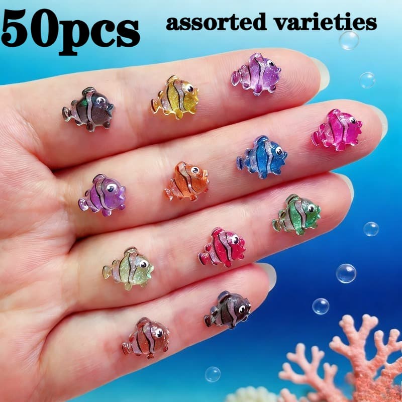 TEMU 50pcs Mixed- Resin Flat-backed Fish Ornaments, (random Color) Suitable For Nail Art, Hair Additions, Earrings, Clothing, Shoes, Phone Cases, And Other Jewelry Crafts, Making Them An