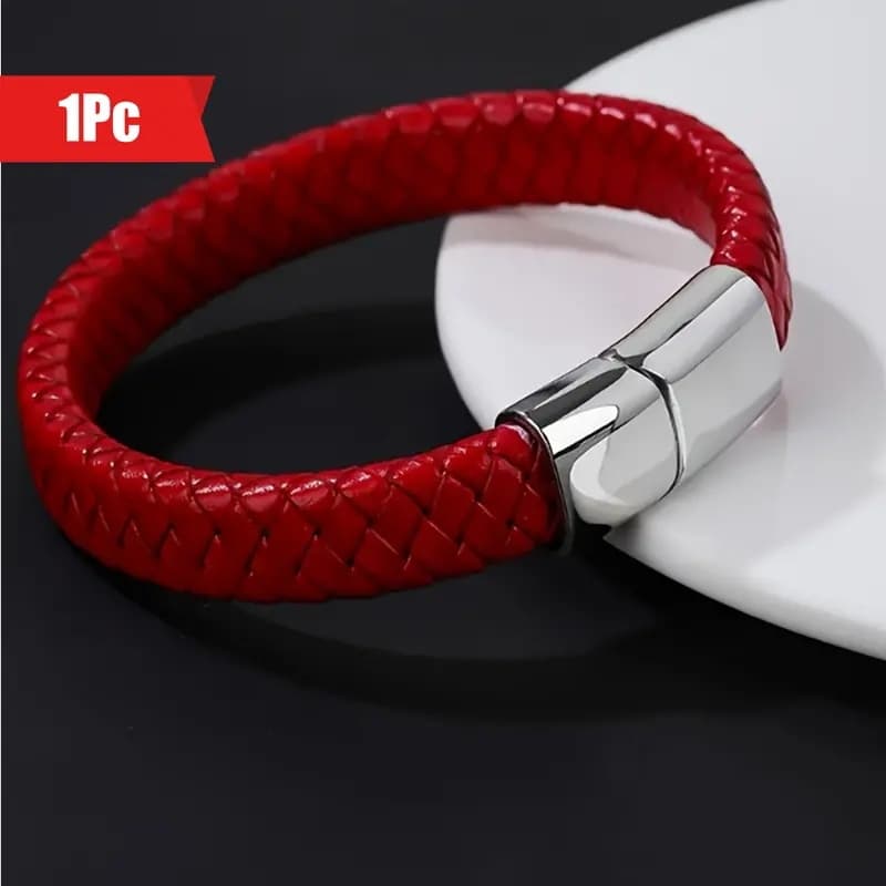 TEMU 1pc Pu Leather Braided Men's Bracelet Magnetic Cufflinks Bracelet, Adjustable Neutral Fashion Braided Artificial Leather Women's Jewelry