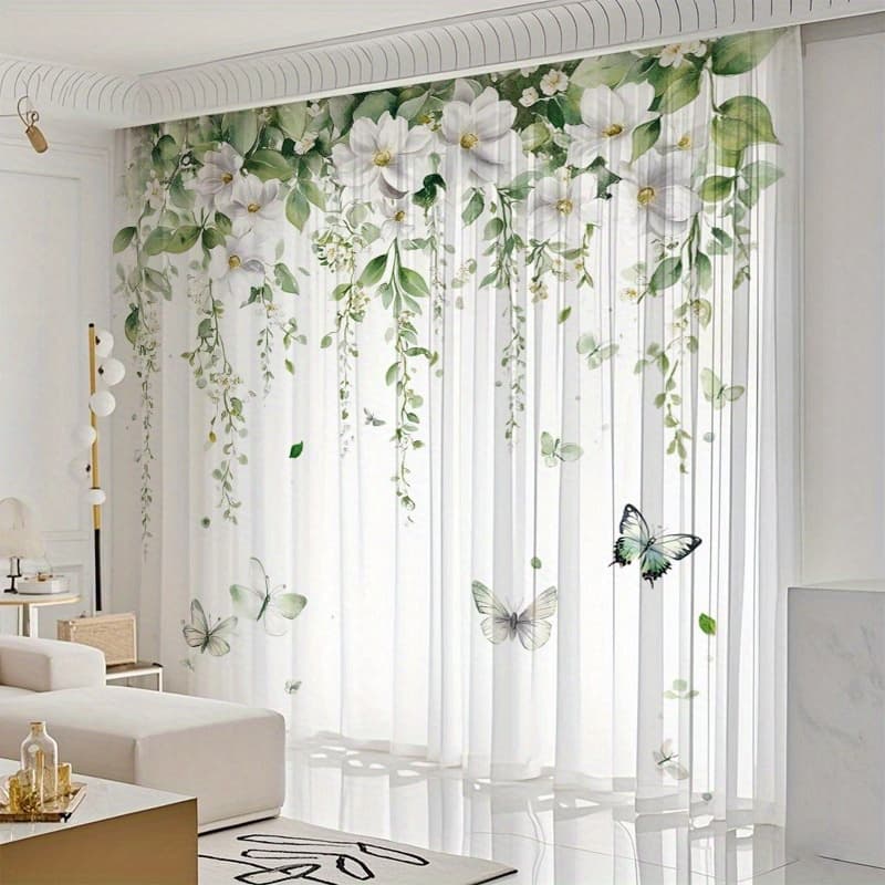 TEMU 2pcs Elegant Floral & Print Voile Curtains Cute Sheers Leaf Curtain Tulle Vine Window Curtains Sheersivy Pretty Curtain For Living Room Bedroomwindow Door Balcony