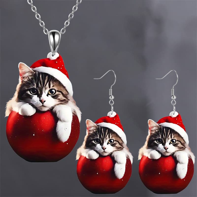 TEMU 3pcs Fashionable Acrylic Cat Necklace Earrings Christmas Birthday New Year Gift Party Jewelry To Give To