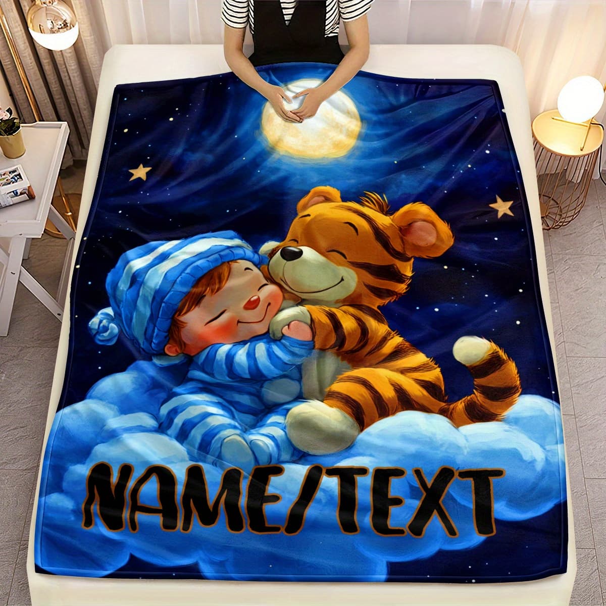 TEMU Personalized Tiger And Boy Flannel Blanket – Soft, Lightweight, And Warm With Night – Perfect For Sofa, Bed, Travel, Camping, Or Office – Custom Name Option (31.5x47.2in, 51.1x59in, 59x78.7in)