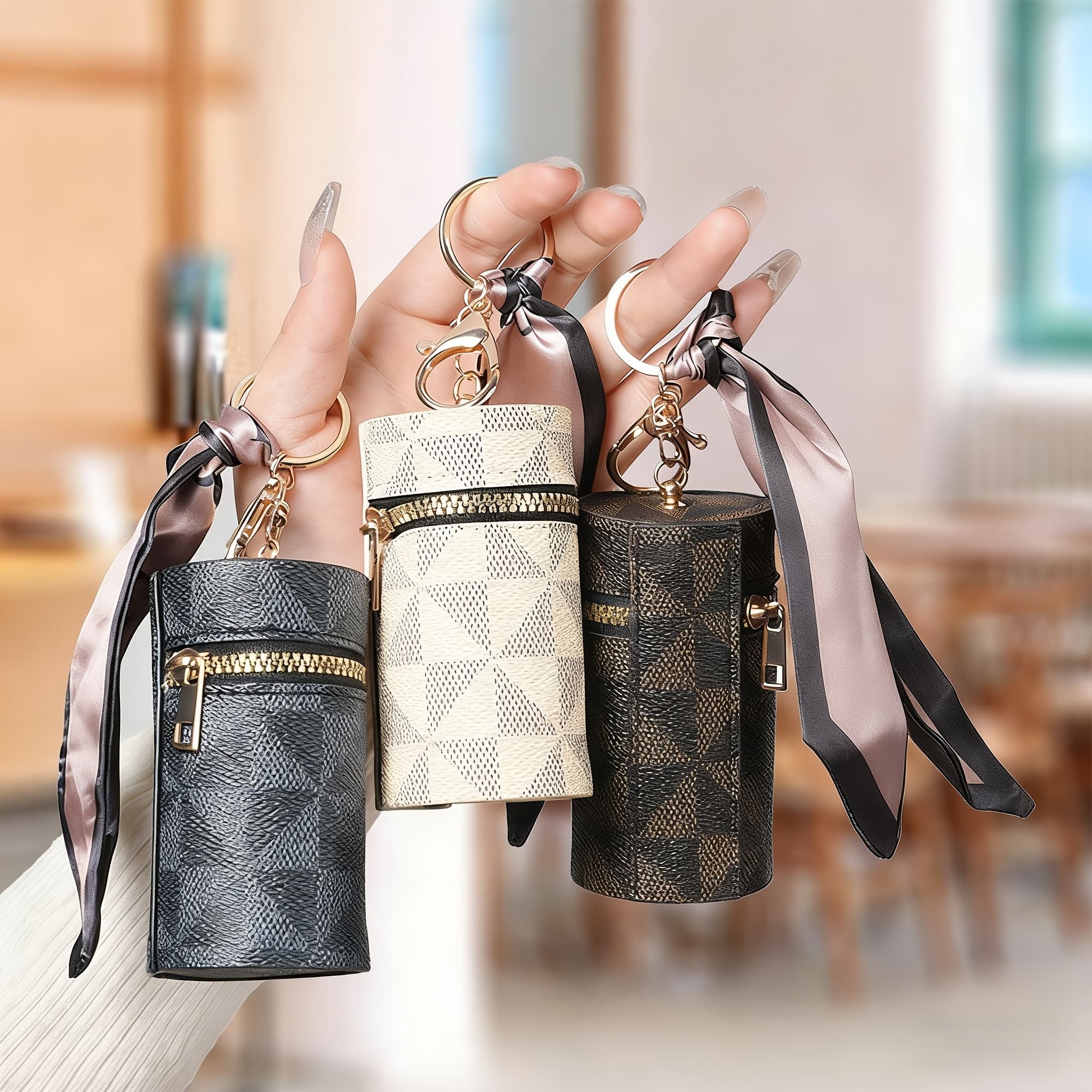 TEMU 3pcs Mini Zippered Keychain Pouch - A Faux Leather With A Scarf And Keyring Pattern, A Portable Cash Storage Bag For Earbuds And Lip Balm, And A Keychain Accessory