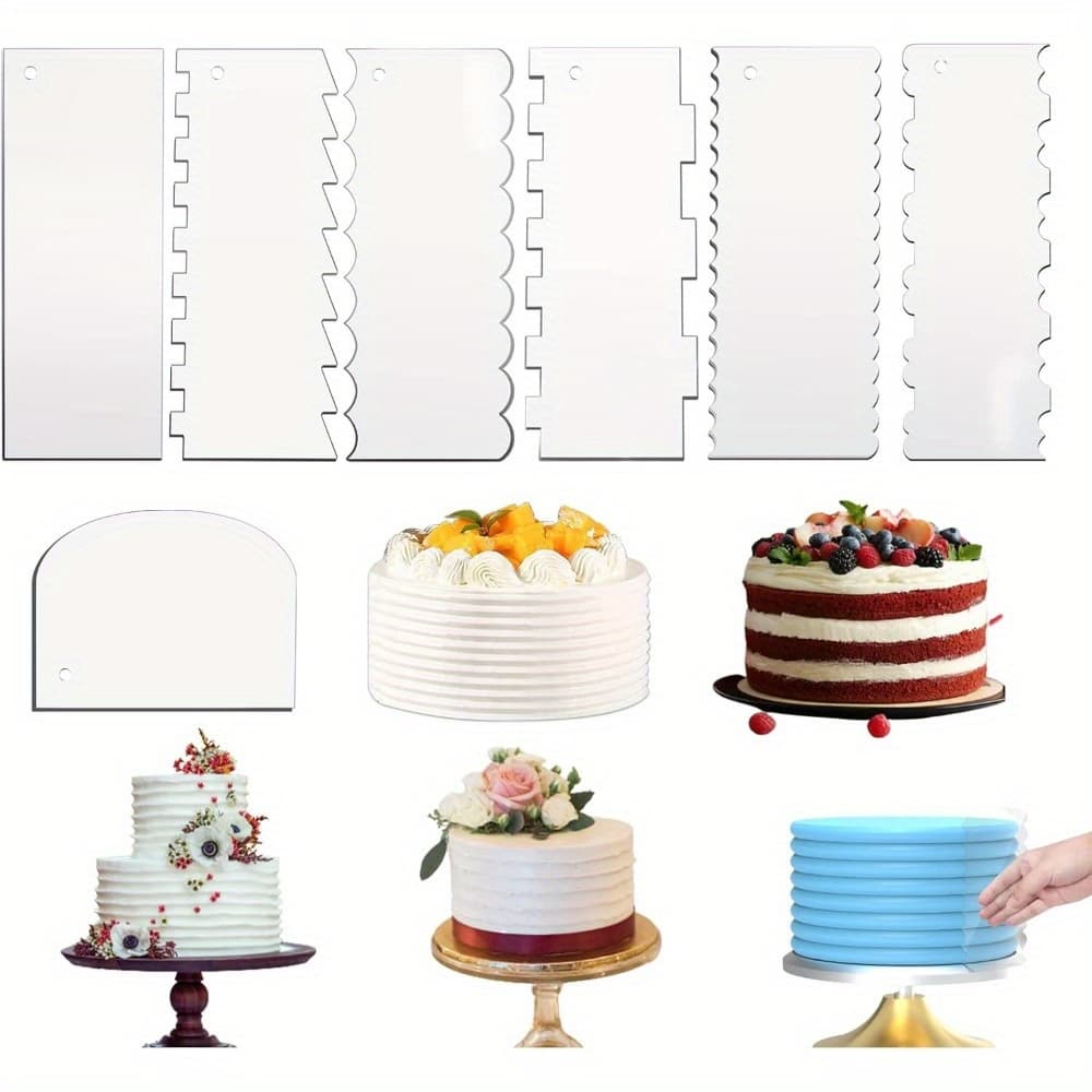 TEMU 7pcs Acrylic Cake Scraper Set Large Cake Icing Smoother Scraper Frosting Comb Transparent Cake Edger Stripes Contour Comb Pastry Cutter For Diy Mousse Butter Cream Cake Decoration