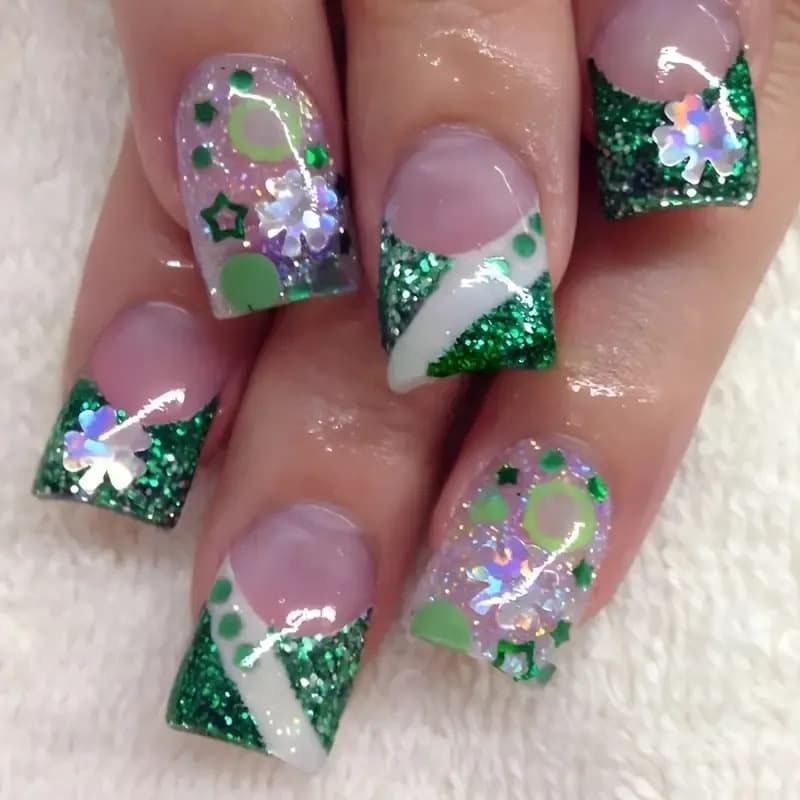 TEMU 48pcs Set Of Short Square Press-on Nails Featuring A Pink Base With Green Glitter Shamrocks. Reusable Fake Nails Have A Shimmering End, Are Easy To Apply, Long-lasting, And Waterproof