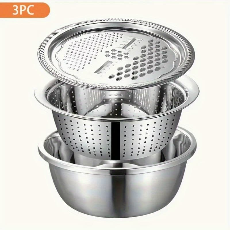 TEMU 3pcs Set Stainless Steel Grater Basin, Multifunctional Household Kitchen Vegetable Washer, Rice Rinser, Sieve, Drain, Vegetable Cutter - Essential Kitchen Stuff And Accessories For Home Cooks