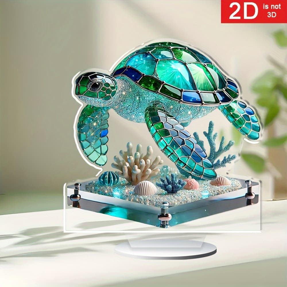 TEMU 2d Flat, 2d Flat Art Print Acrylic Turtle Design Desktop Decoration - Stained Glass Pattern, Ocean Theme Coral And , Versatile Coastal Home Decor With English Text, Turtle Ornament, 2d Flat