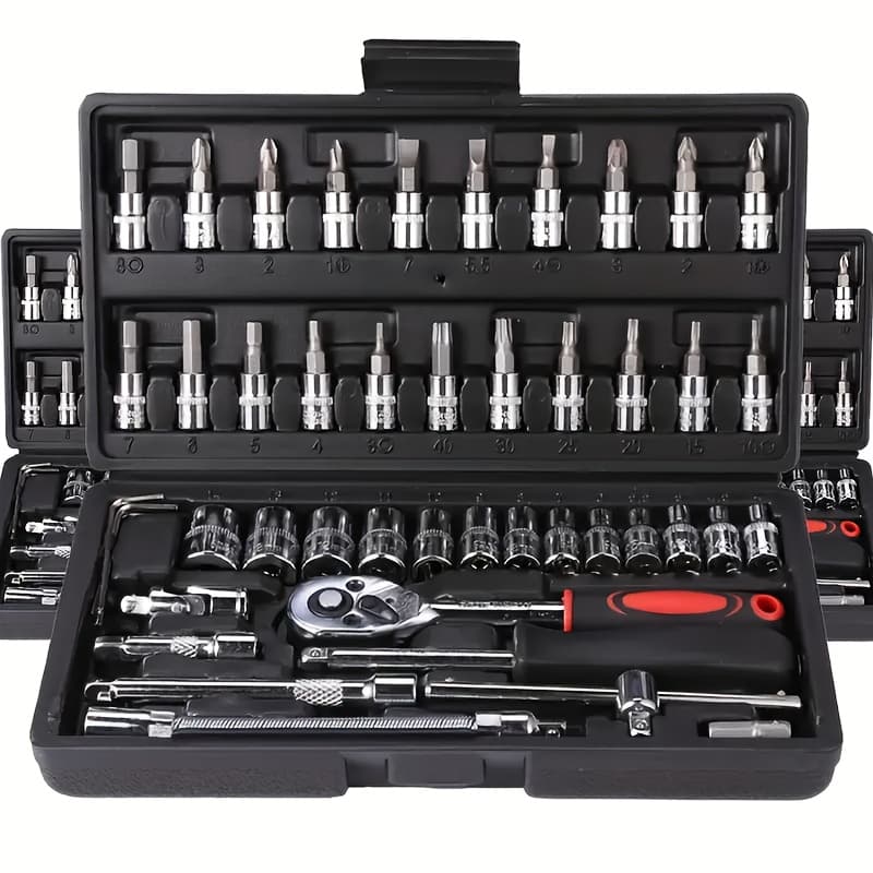 TEMU 46pcs Household Car Repair Tool Set Ratchet Torque Wrench And Screwdriver Toolbox Motorcycle Tire Wheel Repair Kit Portable Bicycle Repair Socket Wrench