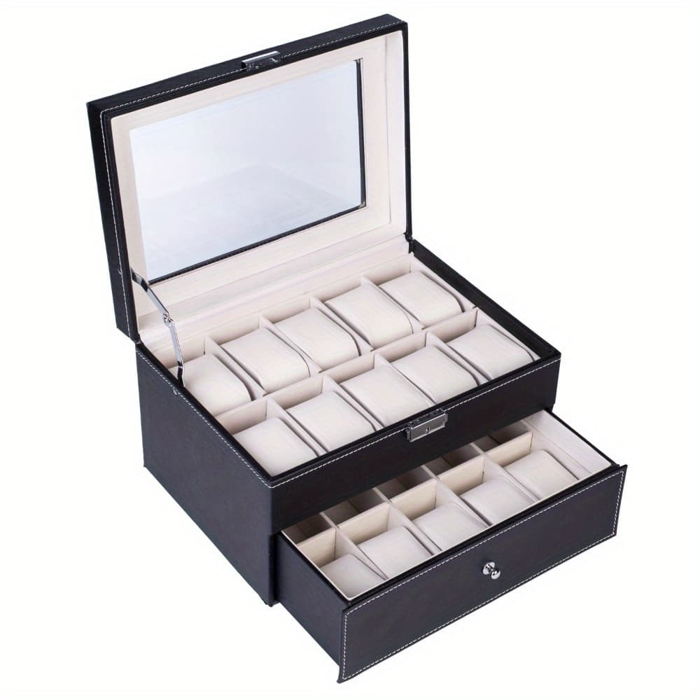 TEMU Watch Box, 20/ 10/ 6 Slots Watch Case For Men - Luxury Watch Organizer With Glass Top, Smooth Faux Leather Interior, Black