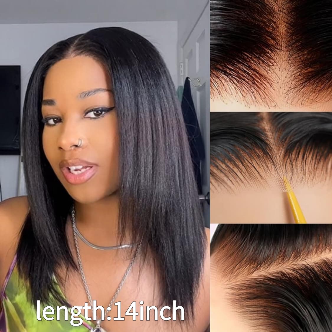 TEMU 13x4 Lace Front Wig For Women 14 Inch Straight Bob Pre- Hairline High Density No Wig For African Hair