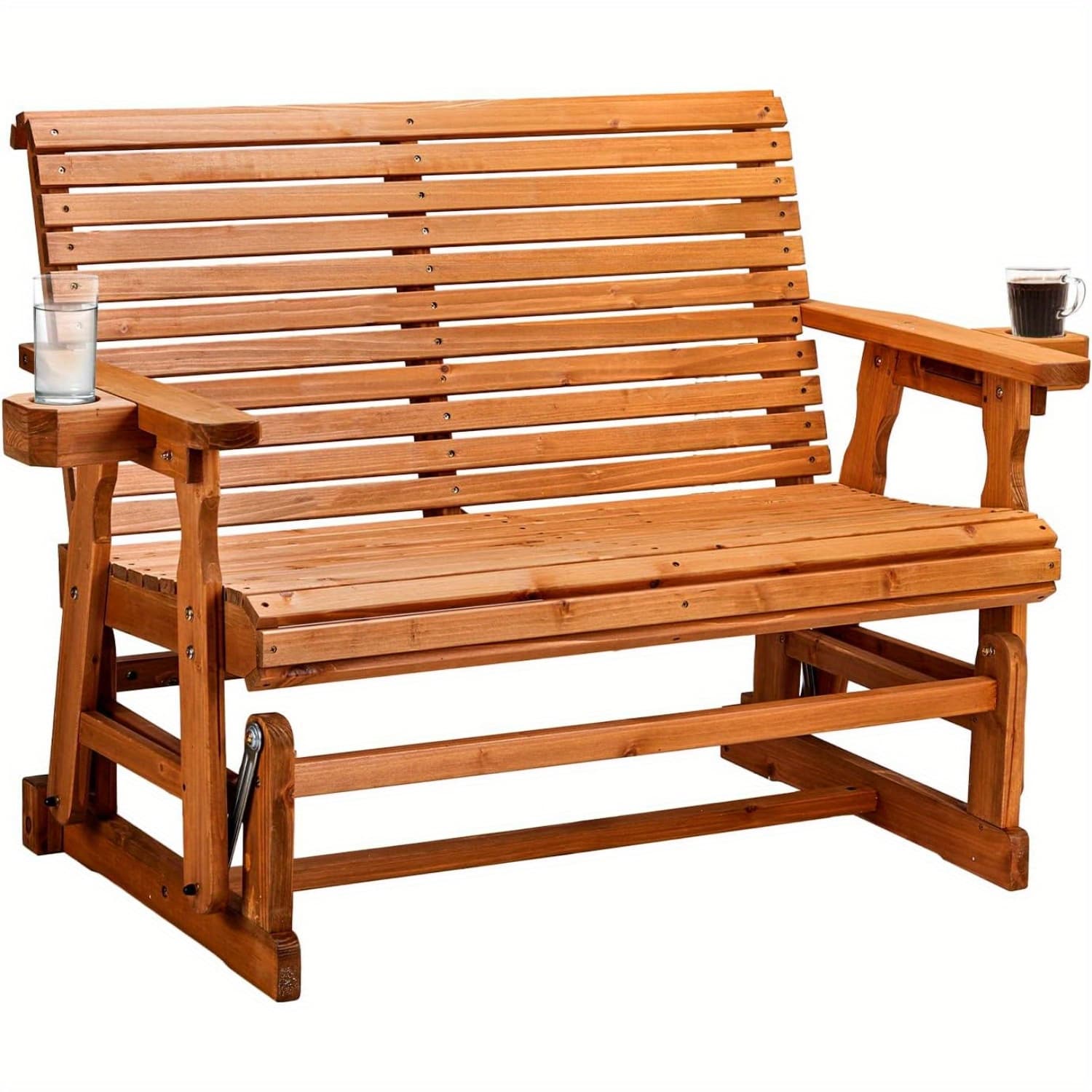 TEMU Outdoor Glider Bench Wood Patio Glider With Cup Holders, Porch Glider Chair Outdoor Bench Glider Loveseat With Smooth Rocking Mechanism, Heavy Duty 800 Lbs
