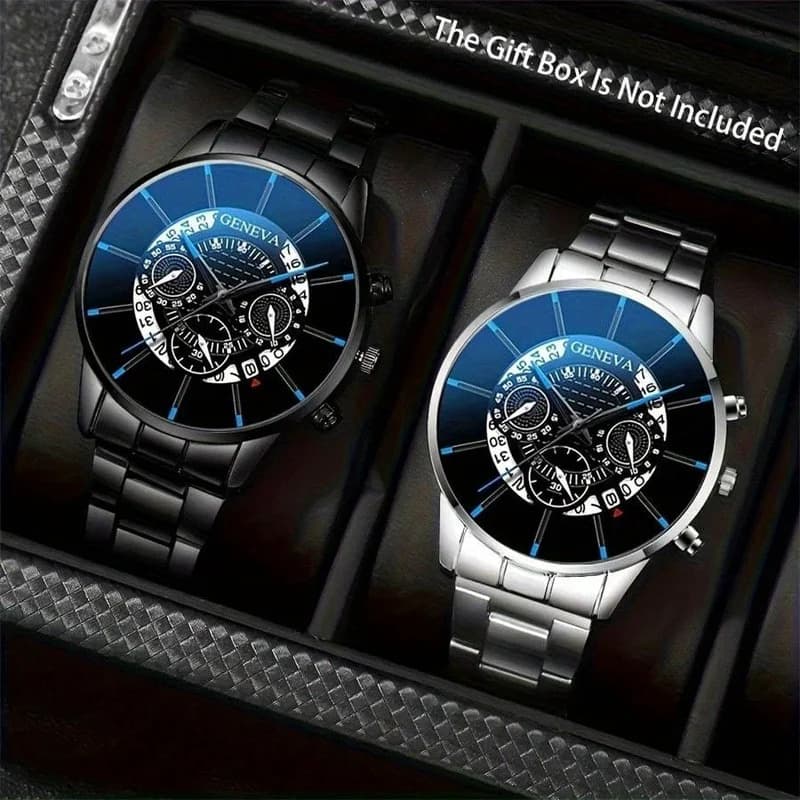 TEMU 2pcs Fashion Men Black Silvery Stainless Steel Watch, Luxury Calendar Quartz Wrist Watch Men's Business Watches Clock