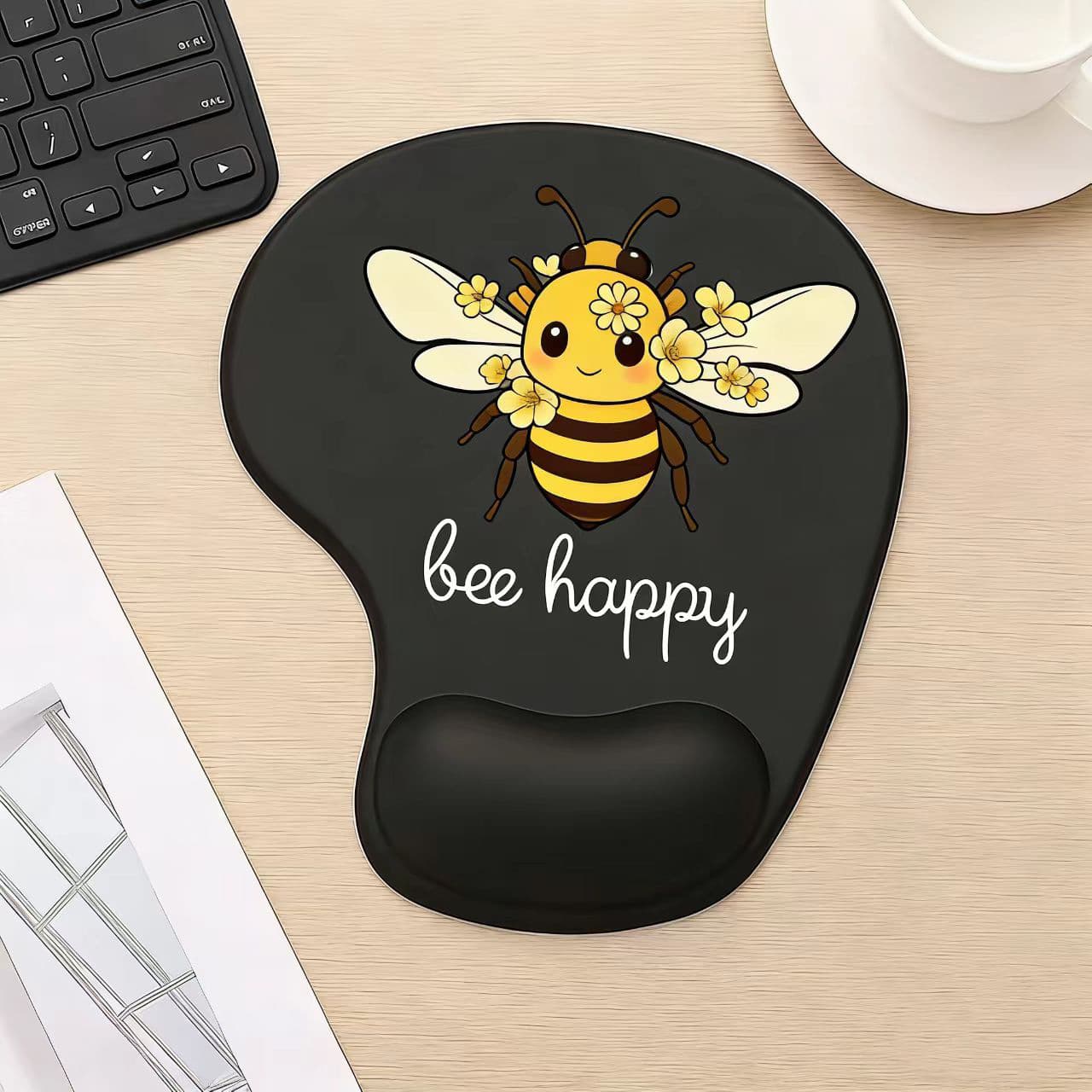 TEMU Ergonomic Wrist Support Mouse Pad. Silicone Material, Design: Yellow Bees And The "" Against A Black Background. Office Supplies. Desktop Decoration. A Gift Suitable For Home