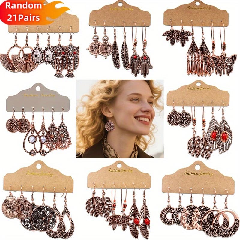 TEMU 21 Pairs Random Multi-style Vintage Earrings For Women, Geometric Shapes, Ethnic Leaf Pendant Round Earrings, Suitable For Occasion, Deal Jewelry Gifts For Her, Friend