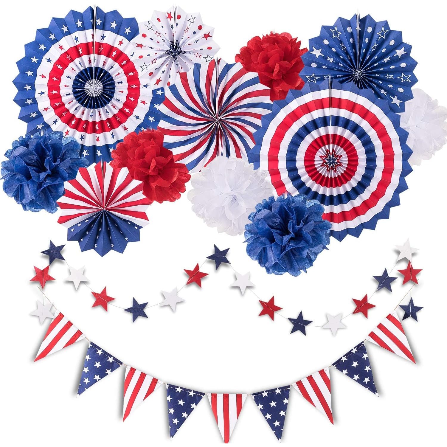TEMU Party Decorations Set, Patriotic Usa Flag Pennant Bunting, Paper Fans, Star Garland Hanging Streamers, Tissue Pom Pom Flowers For Day Decor
